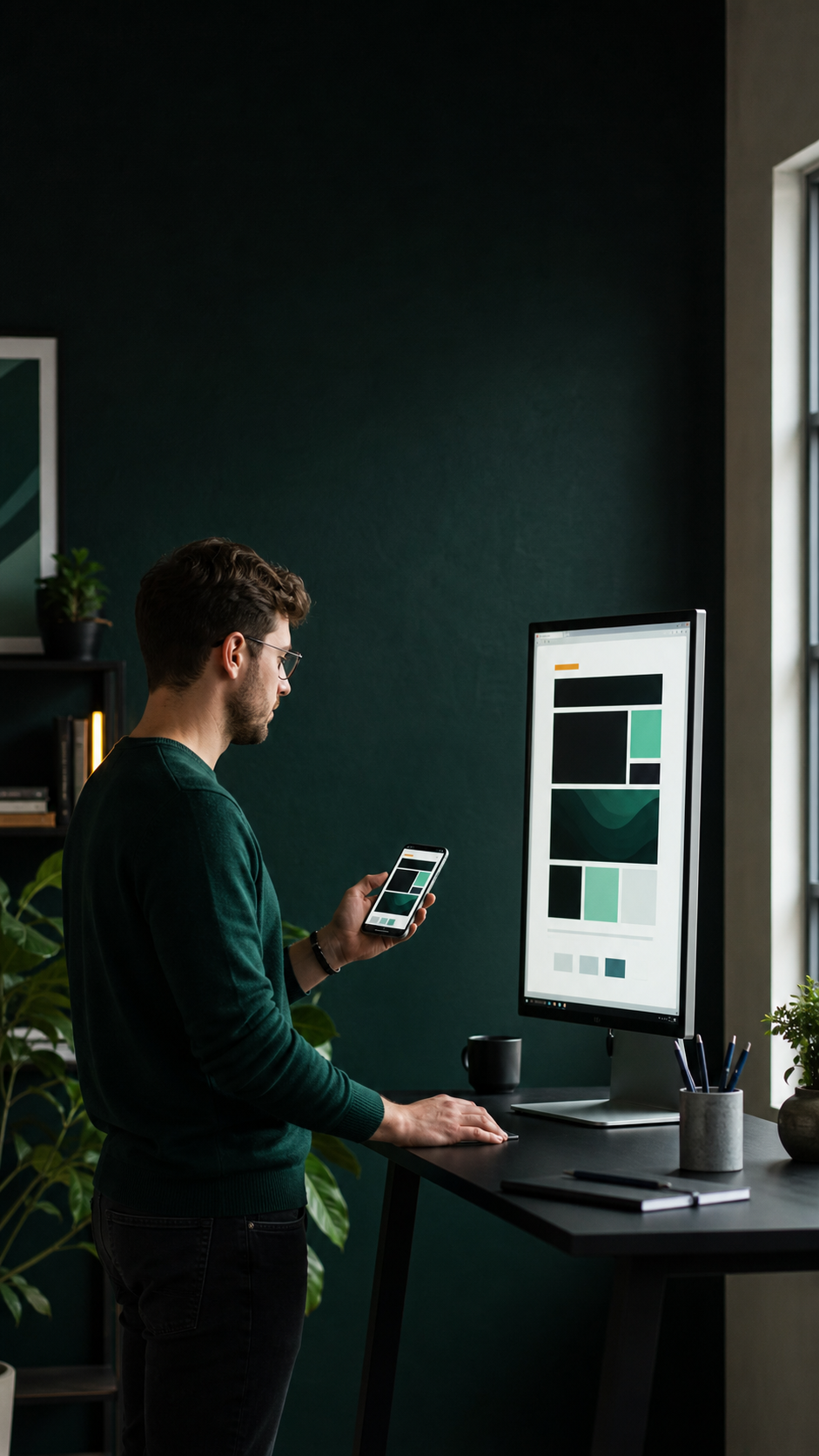 Artisane consultant son site web professionnel sur mobile dans son atelier en Moselle